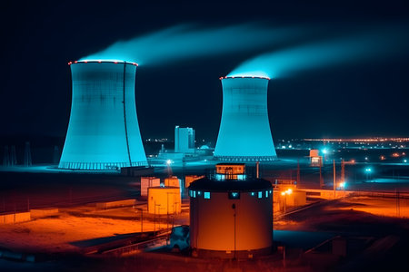 nuclear power plant at night. Generative AIの素材