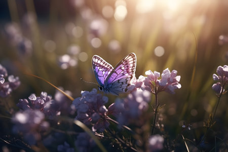 Blooming field of flowers with a butterfly. Generative AIの素材