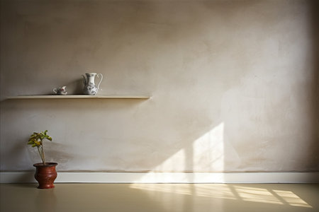 Long Wooden Shelf and Soft Natural Shadow for Interior Design and Decoration. Generative AIの素材