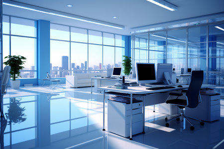 Vibrant and Efficient Work Environment in a Bright Blue Office Setting to Boost Productivity. Generative AIの素材
