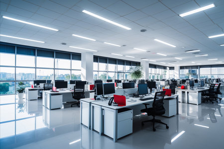 Modern Office Workspace with Sleek Computer Desks for Productivity and Efficiency. Generative AIの素材