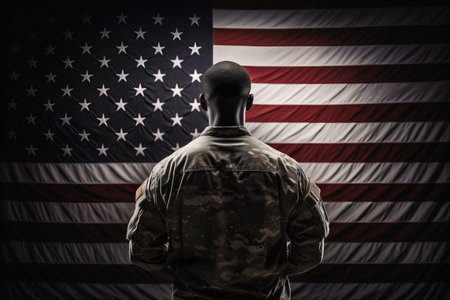 Brave and Heroic Soldier Saluting the Majestic American Flag in His Impeccable Uniform. Generative AIの素材