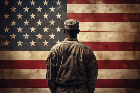 Proud Soldier in Stunning Military Uniform Standing Tall against Majestic US Flag Backdrop. Generative AIの素材