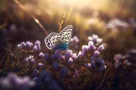 Close-up on a butterfly and a flowering field. Generative AIの素材