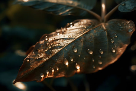 Drops of water from rain on a tree leaf. Generative AIの素材