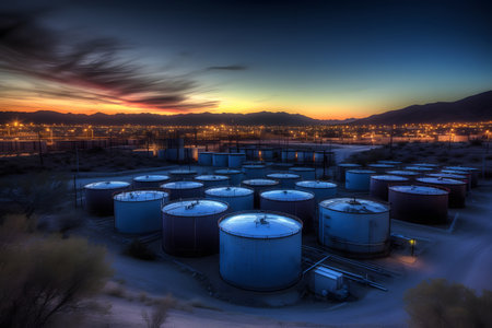 oil tanks at sunset. Generative AIの素材