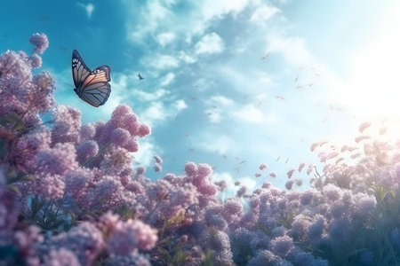 Butterflies fly over blooming gardens. Generative AIの素材