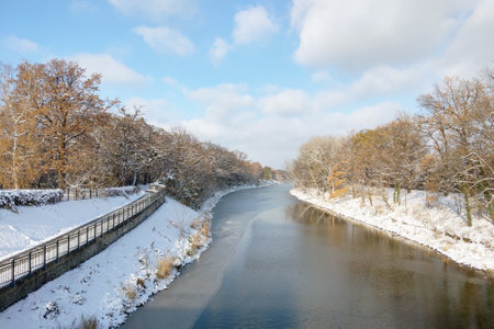 Beautiful view of the winter river in the cityの写真素材