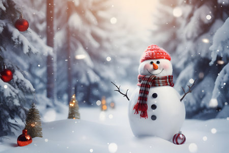 Beautiful snowman in the forest. Generative AIの素材