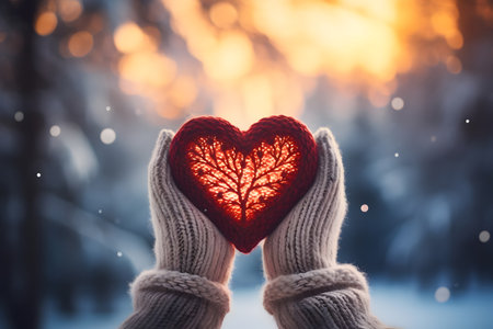 A woman holds a heart in her mittens. Generative AIの素材