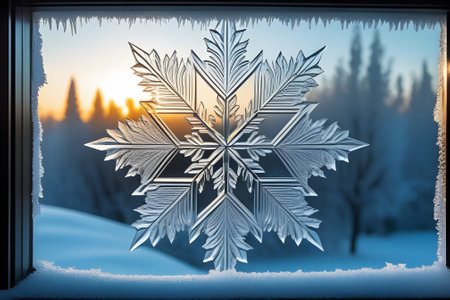 Snowflake on the window on a frosty day. Generative AIの素材