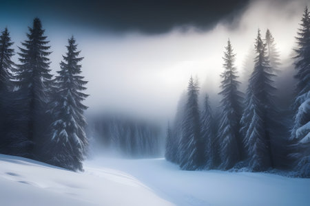 winter forest in the fog. Generative AIの素材