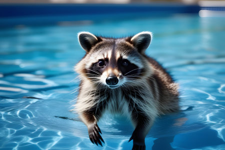 A raccoon swims in the water. Generative AIの素材