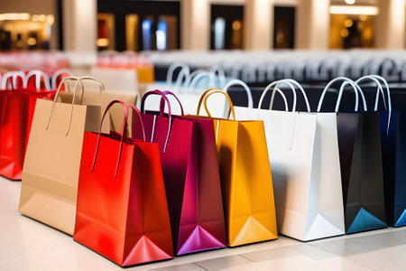 The image features a colorful array of shopping bags neatly arranged in rows, with handles facing upward. The blurred background draws attention to the vibrant bags.の素材