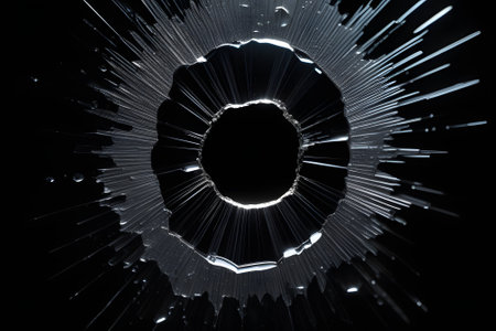 A black and white shattered glass with a hole on a transparent background, suitable for various creative projects. This image is perfect for adding a dramatic and edgy touch to your designs.の素材