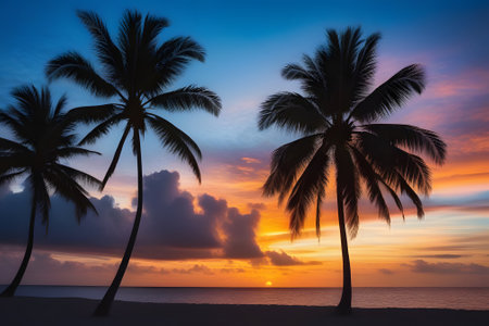 Tropical palm trees against the sunset skyの素材