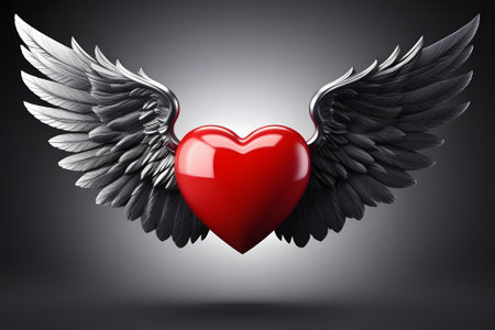 3D rendering of a red heart with silver wings on a dark background. The heart and feather wings are smooth and shiny, making it suitable for Valentines Day, wedding, and religious art purposes.の素材