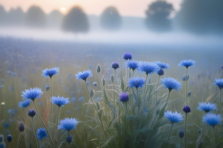 The image shows delicate blue cornflowers in the morning mist. The cornflowers are isolated on a white background, making them easy to use in a variety of design projects.の素材