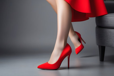 A woman is sitting on a chair wearing a red dress and red high heels. The image is taken from a low angle and the focus is on the womans legs and feet. The background is a solid gray color.の素材