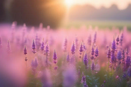 A beautiful field of lavender flowers in bloom at sunrise, with vibrant purple flowers and the sun casting a warm glow. Perfect for website backgrounds, greeting cards, and presentations.の素材