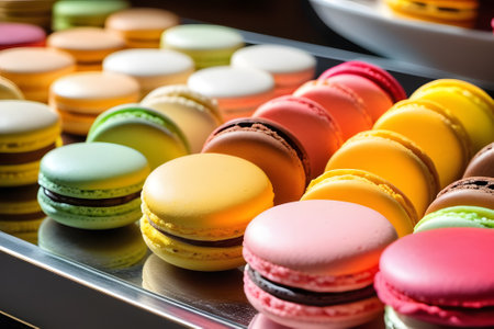 An assortment of beautifully crafted, vibrant macarons showcased in a bakery display, presenting a delightful array of colors and flavors to tempt any connoisseurs palate.の素材