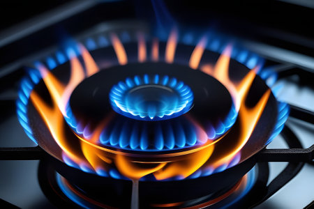 Close-up of a gas range with a lit burner. Vibrant blue flame with yellow tips, reflecting on metal grate and glossy surface. Partially visible control knob adds functionality.の素材