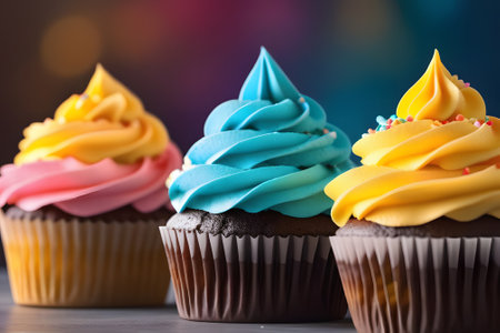 A delicious trio of chocolate cupcakes, each topped with a swirl of colorful frosting. Perfect for a birthday party or any special occasion. Isolated on a white background.の素材