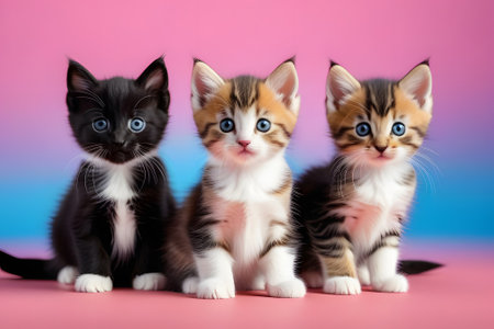 Three adorable kittens with fluffy fur and bright blue eyes, posing on a soft pink background. This charming image is perfect for cat lovers and pet-related designs.の素材