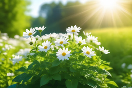 Close-up of a white daisy flower with green leaves on a white background. Symbolizes innocence, purity, and new beginnings. Popular for weddings and special occasions.の素材