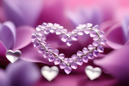This image features a heart-shaped jewelry made of shiny gems on a pink silk background. The delicate and elegant design is perfect for Valentines Day, anniversaries, and other romantic occasions.の素材