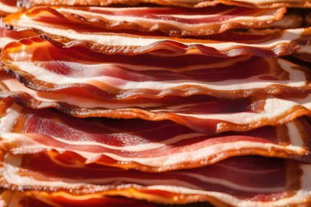A close-up photo showcasing the texture and color of crispy bacon strips, neatly stacked and isolated on a white background. High-resolution image for versatile use.の素材