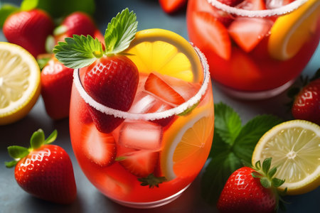 A refreshing summer strawberry lemonade made with fresh strawberries, lemons, and ice. This is the perfect drink to cool down on a hot day and is sure to be a hit at any party or gathering.の素材