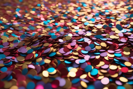 A close-up of multicolored confetti on white. Small, round paper pieces in pink, blue, green, yellow, and orange. Piled heap with overlapping pieces. Brightly colored, pure white background.の素材