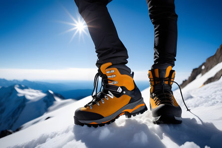The person is wearing orange and black hiking boots. The boots are covered in snow. The mountain range in the background is snow-capped. The sky is clear and blue with the sun shinning.の素材