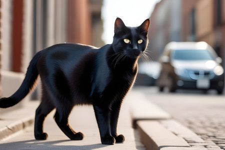 Sleek black cat with bright yellow eyes sitting on sidewalk in front of tall building, with blurred car in background, looking at the camera with a curious expression.の素材