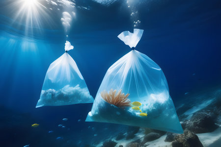 Plastic bags filled with trash floating underwater, posing a threat to marine life. Plastic pollution is causing severe environmental damage. Lets take action to address this issue.の素材
