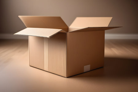 The image displays an open cardboard box with a white label on a beige background. It is empty, well-lit, and captured from a low angle, highlighting its simplicity and spaciousness.の素材