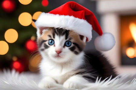 A festive image of a kitten wearing a Santa hat, sitting in front of a Christmas tree. The kitten is looking up at the camera with its big, blue eyes, sure to bring a smile to your face.の素材