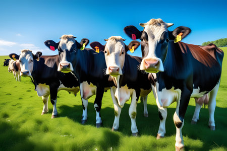 A group of black and white cows standing in a lush green pasture under a bright blue sky with wispy white clouds. The image is suitable for agricultural, food, and nature-related purposes.の素材