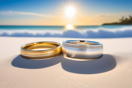 Two elegant wedding rings rest on the soft, white sand of a tranquil beach, while the sun creates a breathtaking, warm glow in the background, symbolizing eternal love and commitment.の素材