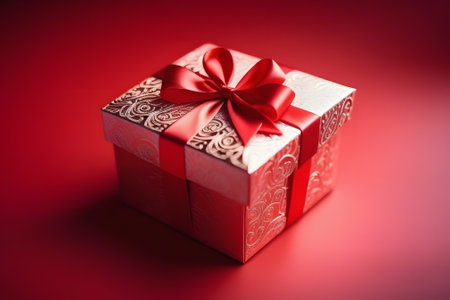 A red and white gift box with a red ribbon on a red background. Isolated for easy use in your projects. Perfect for Valentines Day, Christmas, birthdays, and special occasions.の素材