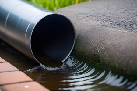 Water pipe on curb, flowing water creates puddles on street, reflecting surroundings. Clear fresh water, captures urban infrastructure its interaction with nature.の素材