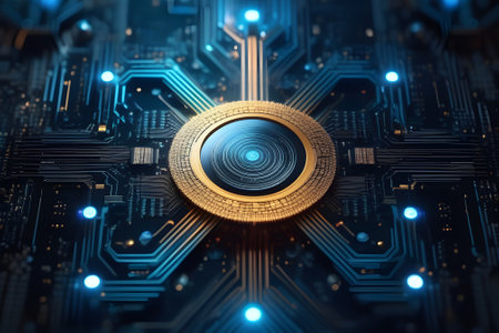 A circuit board with a gold coin and blue glowing lights. The coin has a blue circle with concentric circles. Black board with glowing blue lines for electrical pathways. Isolated on black.の素材