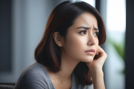 A young woman with short brown hair and a thoughtful expression on her face is sitting at home wearing a gray shirt, with her hand resting on her chin. Blurry background.の素材