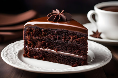 Rich chocolate cake with creamy ganache frosting, adorned with chocolate shavings a delicate flower. Perfect for special occasions. Pair with coffee or tea for a decadent treat.の素材