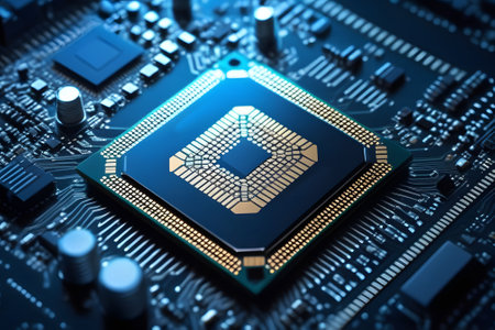 Close-up of microchip on circuit board. CPU executes program instructions, performs complex calculations, and powers the system. Intricate design highlights cutting-edge technology.の素材