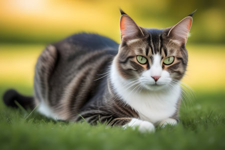 A fluffy white and ginger cat with stunning green eyes sits comfortably in the lush green grass, gazing curiously at the camera from a low angle, conveying a sense of tranquility and warmth.の素材