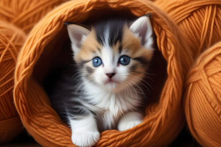 Cute kitten playing with colorful yarn, ideal for use in both print and web design projects. This high-resolution image will add a delightful touch to your creative work.の素材