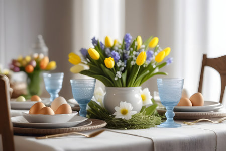 A stunning Easter table with yellow tulip centerpiece, blue glassware, white plates, and gold cutlery. The green grass runner adds a touch of nature. Perfect for a special Easter celebration.の素材