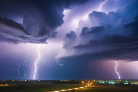 Forked lightning bolts illuminate the dark sky, casting an eerie glow. The storm may bring heavy rain and strong winds, posing a danger. Stay safe indoors until it passes.の素材